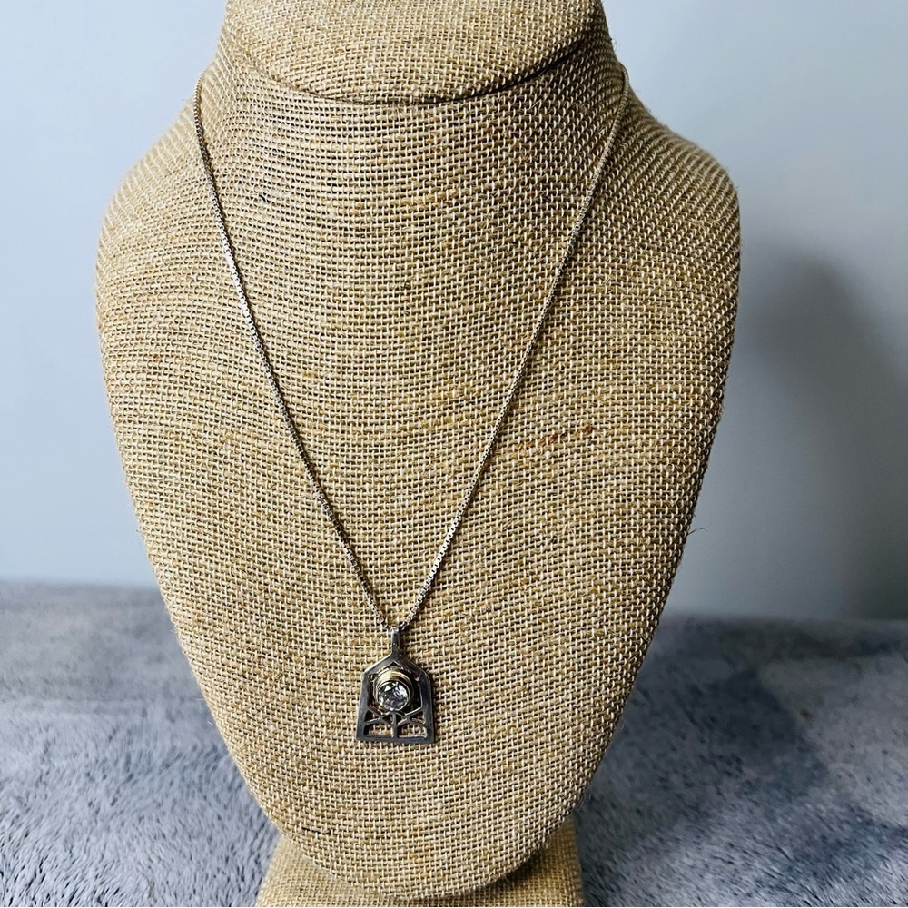 Sterling Silver Geometric Design CZ Pendant Necklace 18in